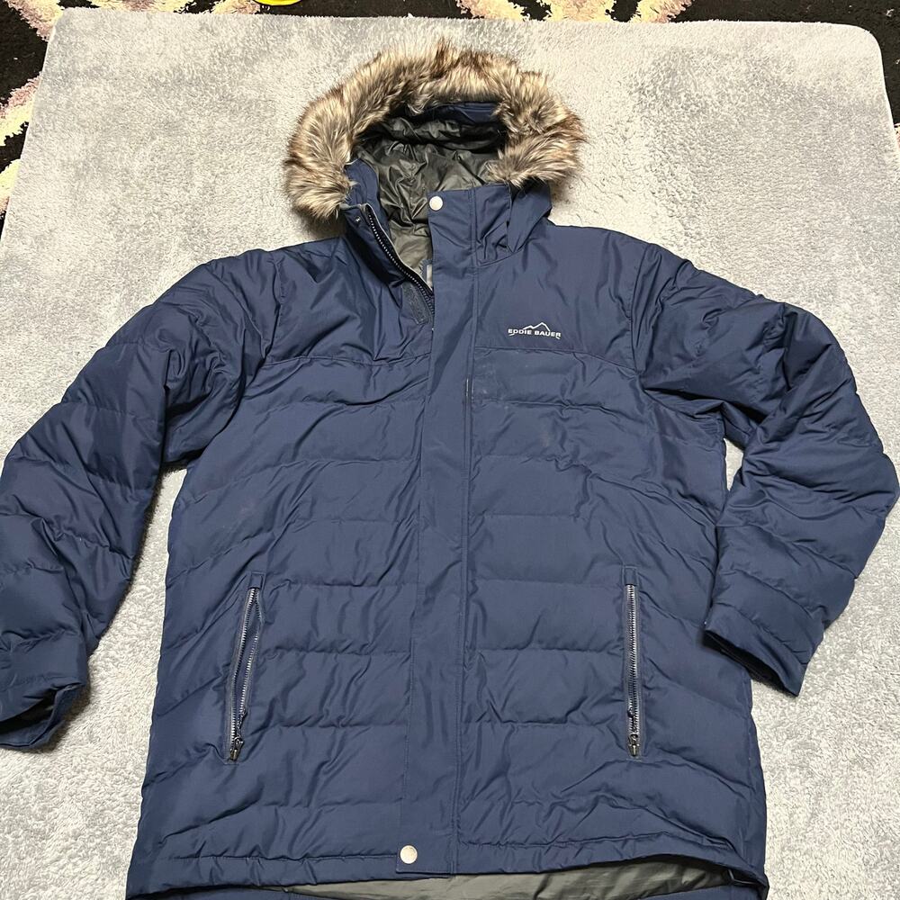 Eddie Bauer Coat Mens XL Boundary Pass Down Parka Blue Faux Fur Winter